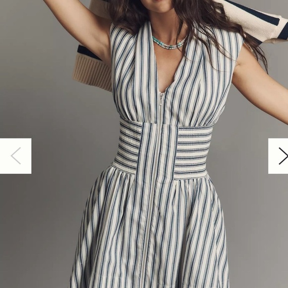 Anthropologie Dresses & Skirts - The Tommie Cap-Sleeve Smocked Front-Zip Mini Shirt Dress: Stripe